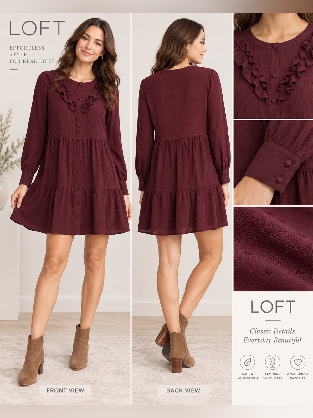 LOFT Burgundy Ruffle Tiered Long Sleeve Dress Size S